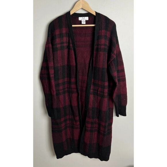 Magaschoni Plaid Open Front Cardigan Sweater Black Burgundy Size Medium Women’s - Picture 1 of 4